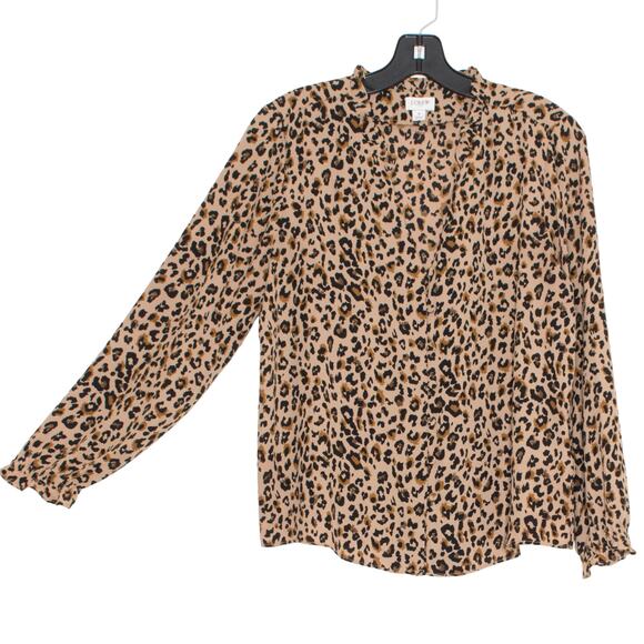 J Crew Womens Top Ruffle Neck Button Top Leopard V Neck Long Sleeve Small EC - Picture 7 of 7